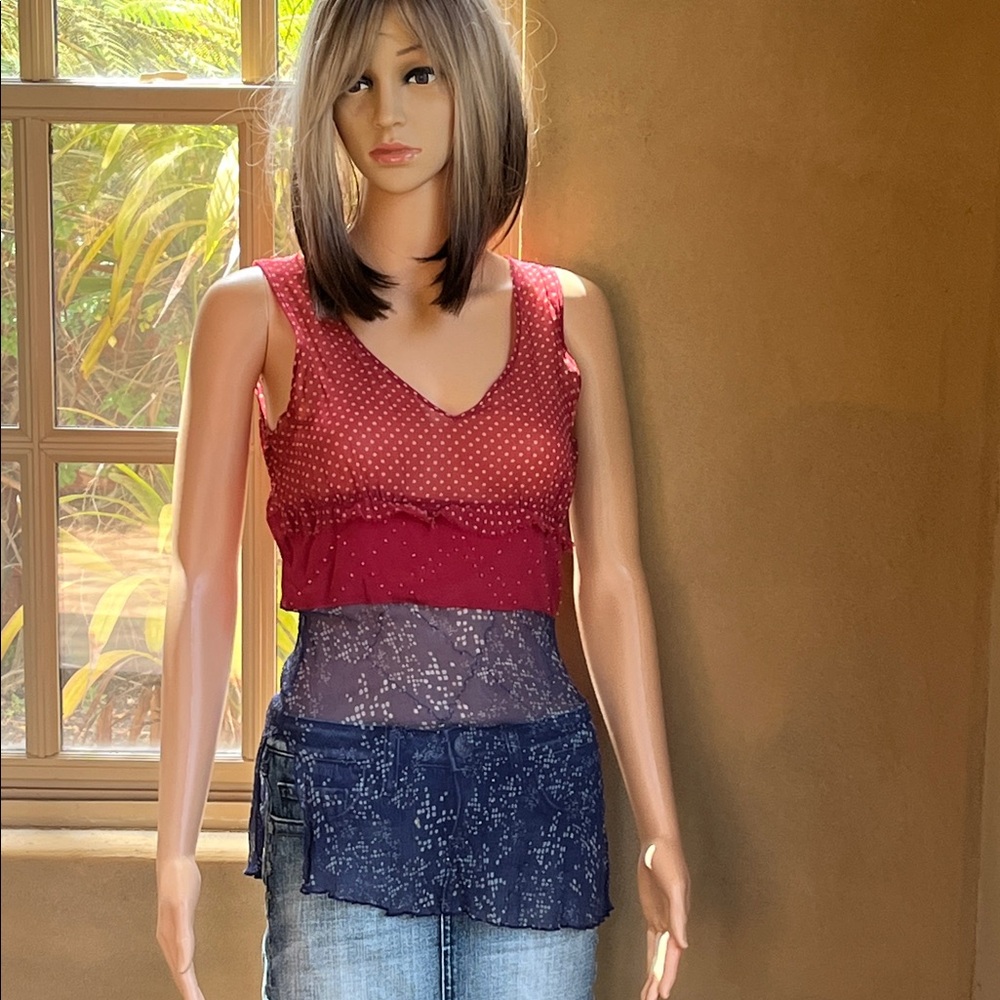 Red and Blue Sheer Women's Top